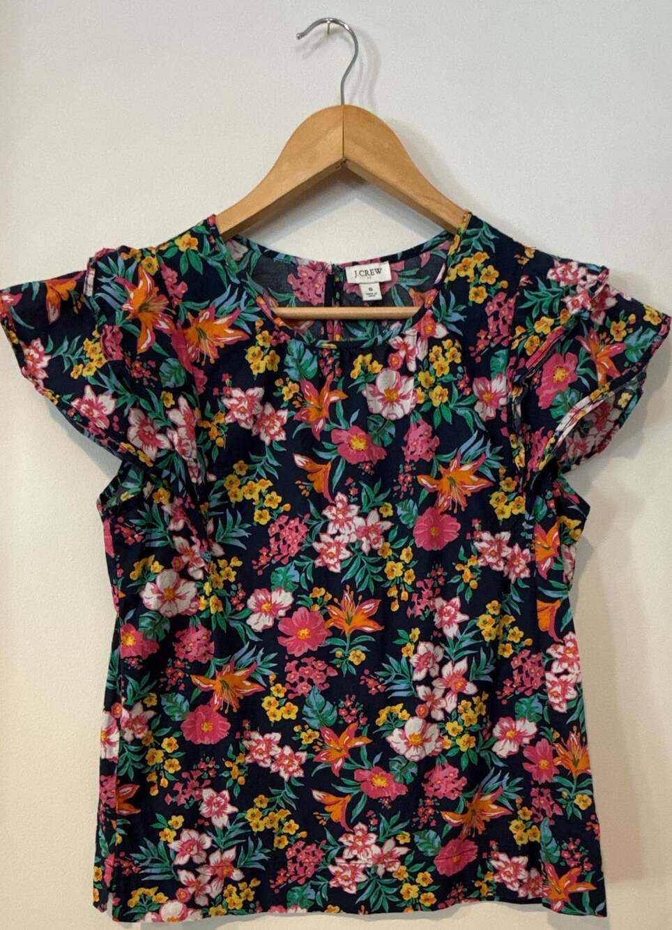 J.Crew Navy Blue Floral Print Ruffle Flutter Sleeve Blouse Top Size S